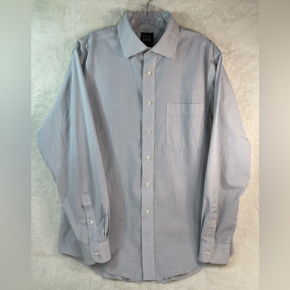 Jos. A. Bank Traveler White and Blue Grid Dress Shirt